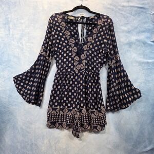 Angie Navy Blue Boho Geometric Print Bell Sleeve Lace Up Romper Small